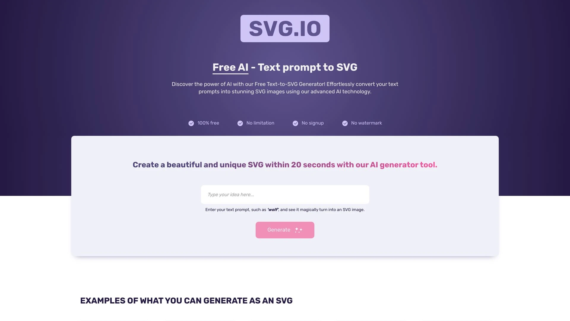 Free AI - Text prompt to SVG illustration website preview