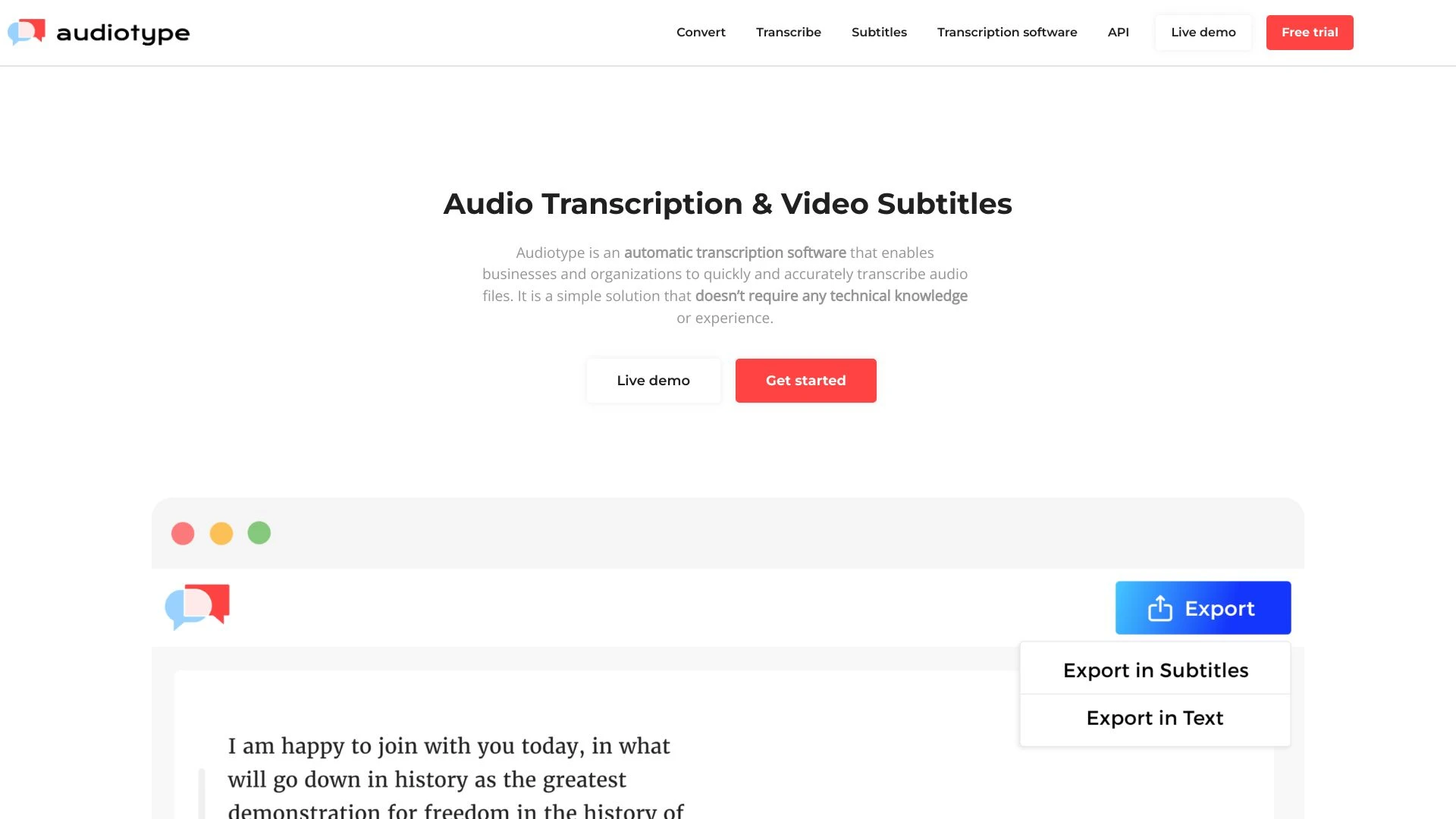 Audiotype - Audio Transcription and Video Subtitles website preview