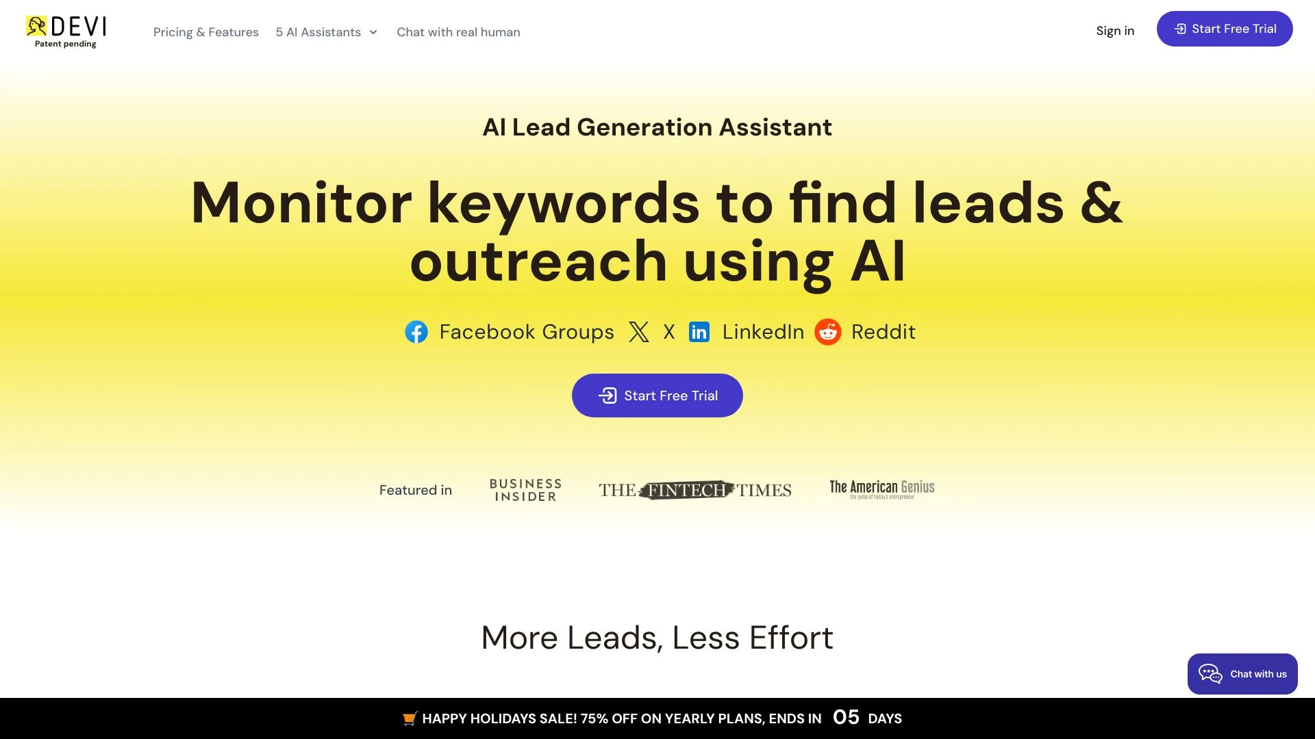 Devi | AI Social Media Leads Monitoring and Outreach Tool website preview