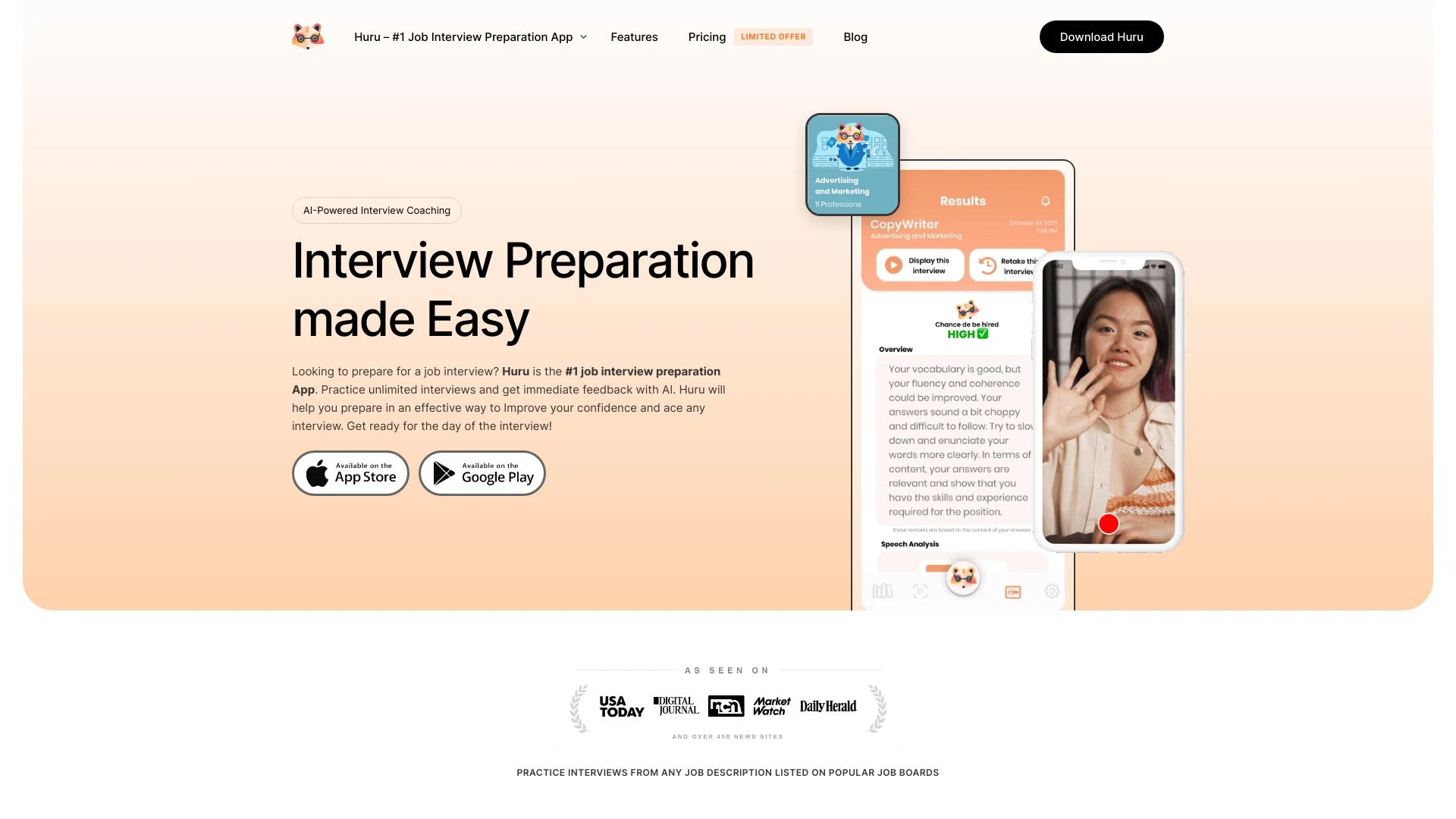 Huru - AI Job Interview Preparation Coaching App website preview